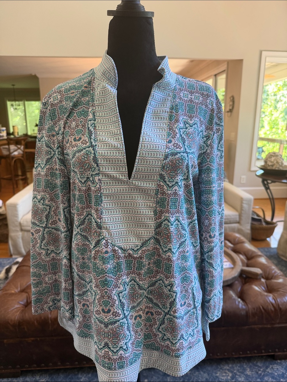 Cabana Life Printed Tunic Top in Teal and White